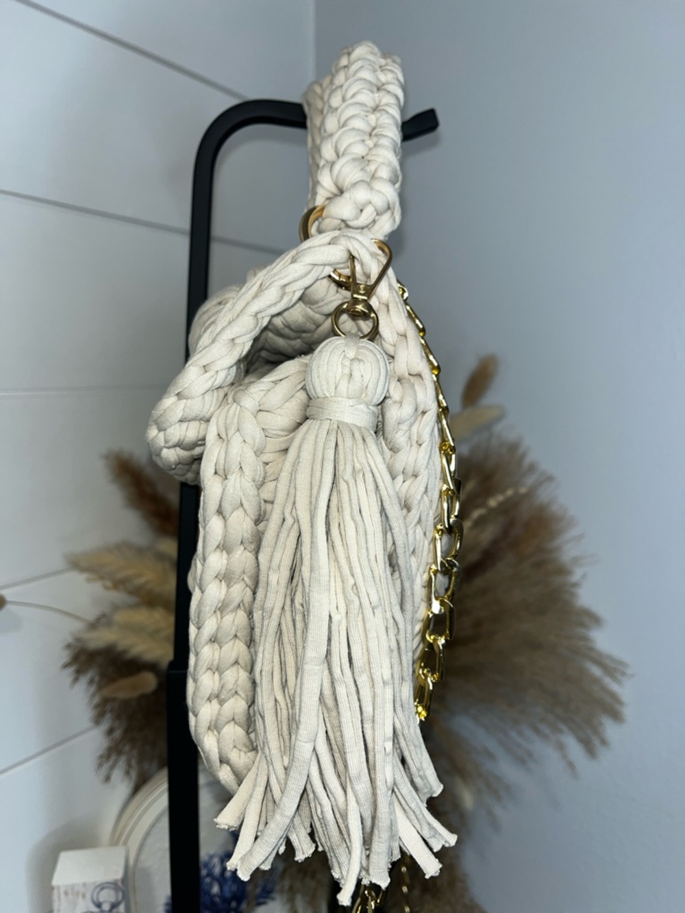 Handmade Luxury Artisan Crochet Flap Bag - Cream/Gold Crossbody Bag - Picture 4 of 8